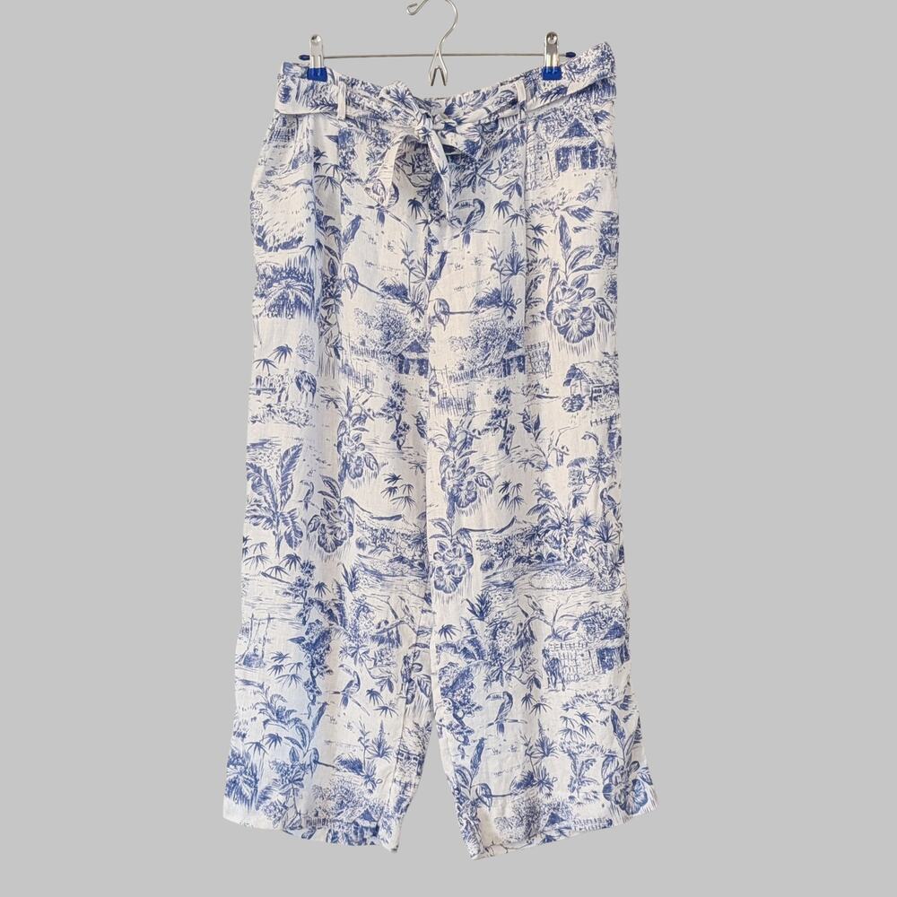Joie Blue White Tropical Toile Linen Pants XL Coastal Resort Wide Leg